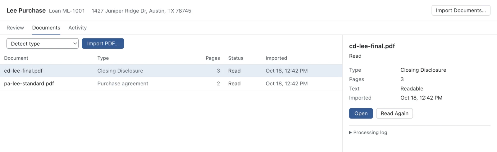 The Documents tab of a loan: cd-lee-final.pdf, a Closing Disclosure of 3 pages, and pa-lee-standard.pdf, a purchase agreement of 2 pages, both with the status Read.