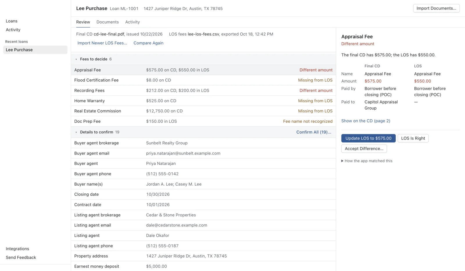 A loan’s Review list in LoanRelay. Six fees to decide, such as Appraisal Fee, $575.00 on the CD and $550.00 in the LOS, marked Different amount. The Appraisal Fee is selected, showing both amounts, who pays it, a link to page 2 of the CD, and the button Update LOS to $575.00.